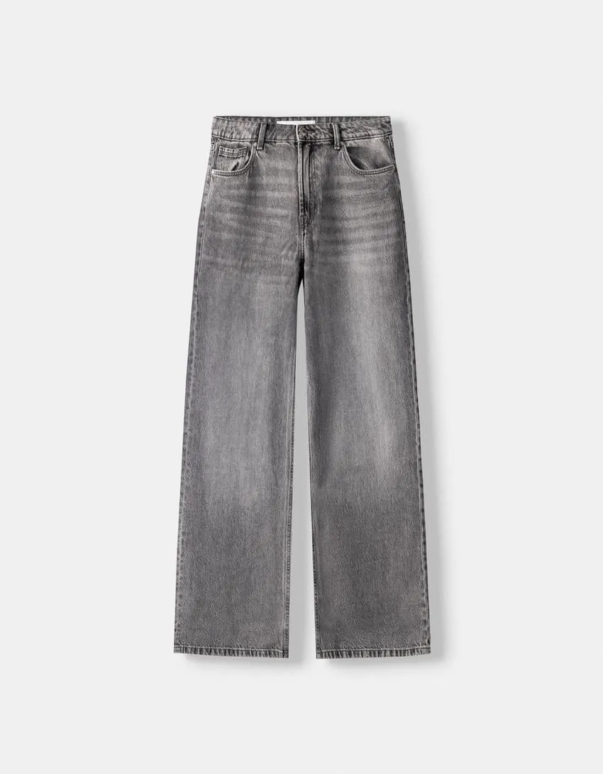 002 Bk Unisex Highwaist Grey vintage wide-leg Baggy jeans