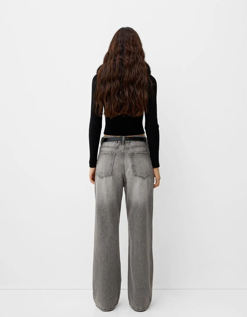 002 Bk Unisex Highwaist Grey vintage wide-leg Baggy jeans