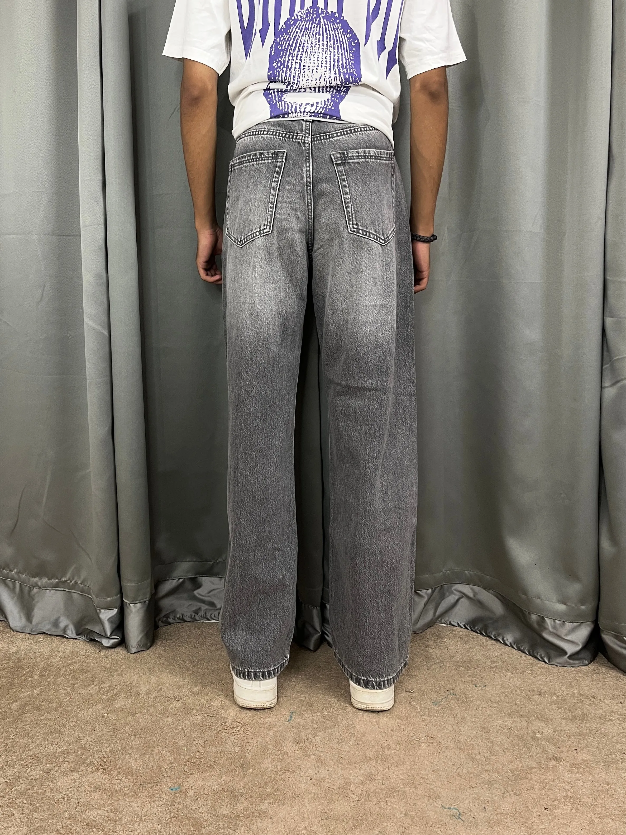 002 Bk Unisex Highwaist Grey vintage wide-leg Baggy jeans