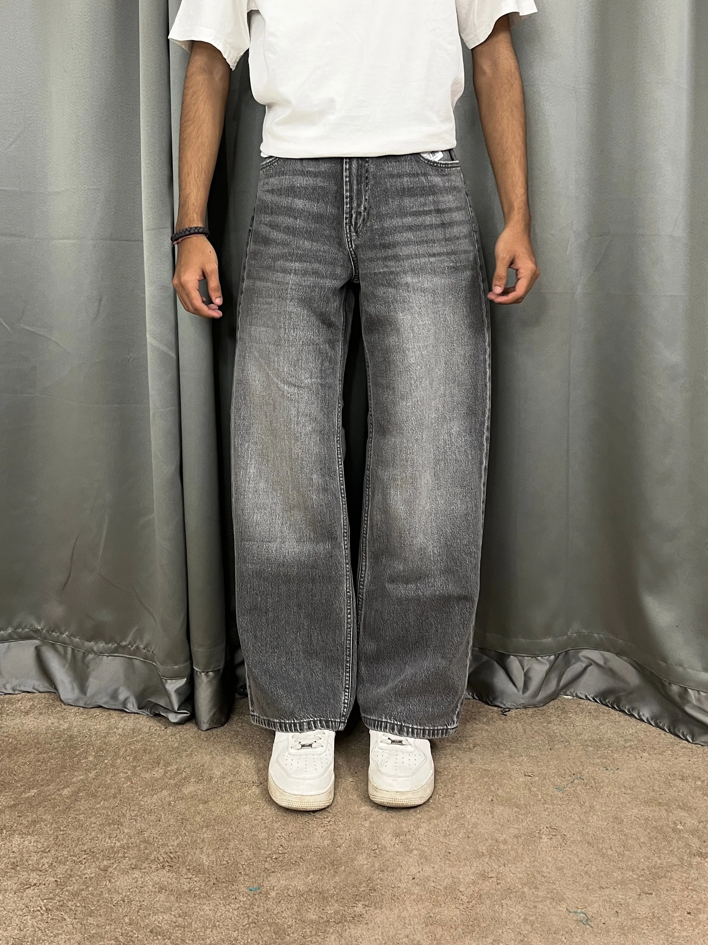 002 Bk Unisex Highwaist Grey vintage wide-leg Baggy jeans