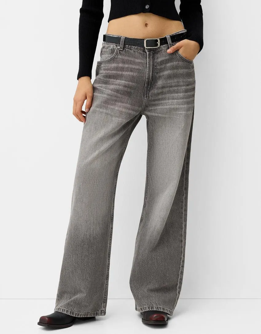 002 Bk Unisex Highwaist Grey vintage wide-leg Baggy jeans