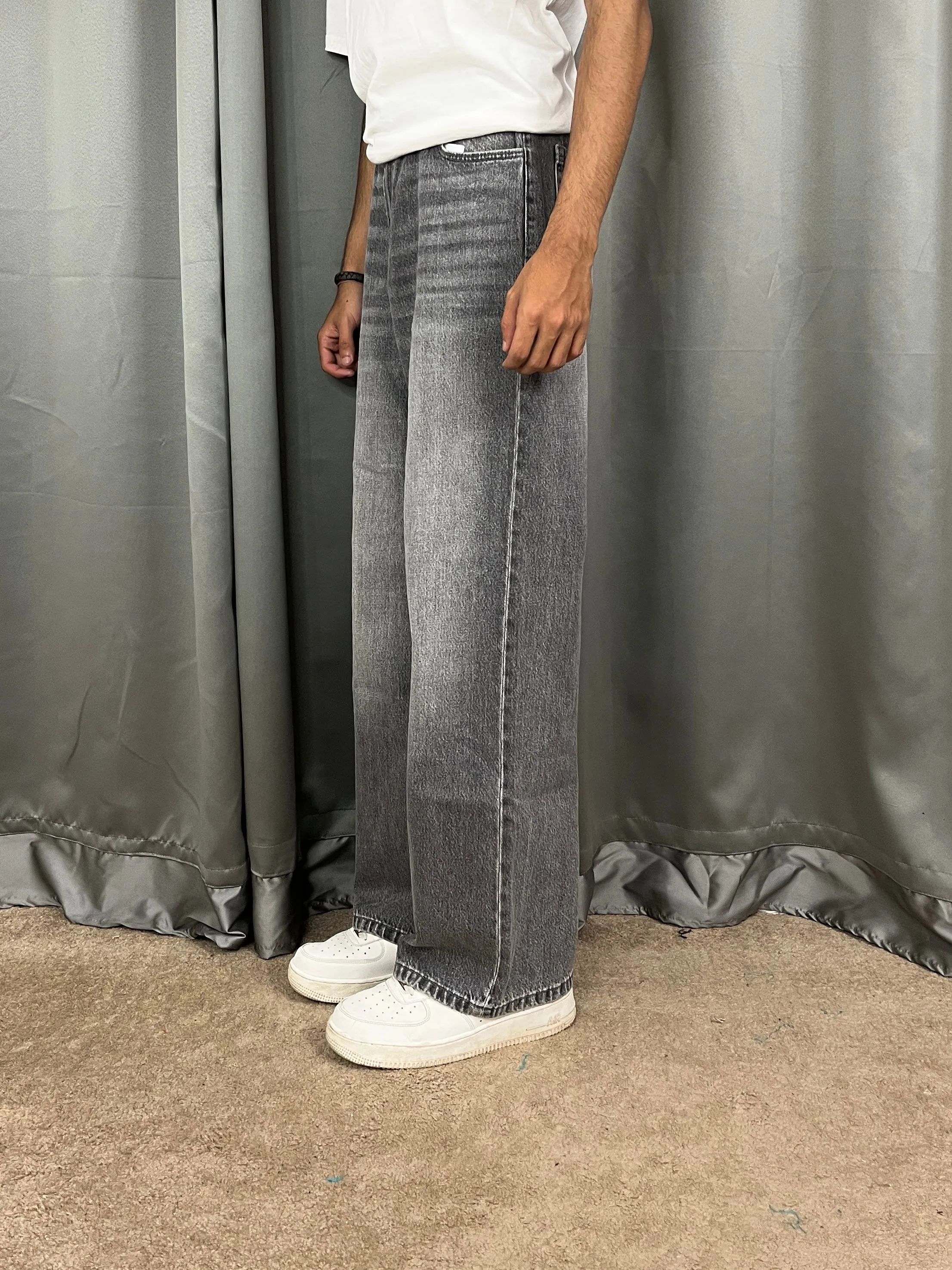 002 Bk Unisex Highwaist Grey vintage wide-leg Baggy jeans
