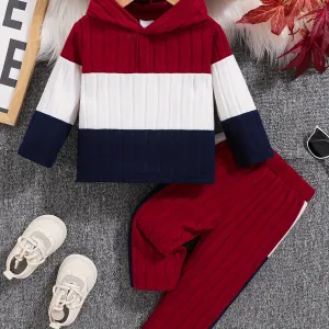 2pcs Baby's Color Clash Ribbed Hoodie & Casual Pants, Toddler & Infant Boy's Clothing Set for Fall Winter.
