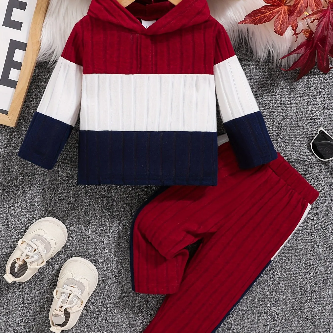 2pcs Baby's Color Clash Ribbed Hoodie & Casual Pants, Toddler & Infant Boy's Clothing Set for Fall Winter.