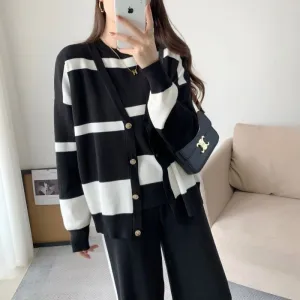 Autumn And Winter Simple Design Striped Knitted Three-piece Set