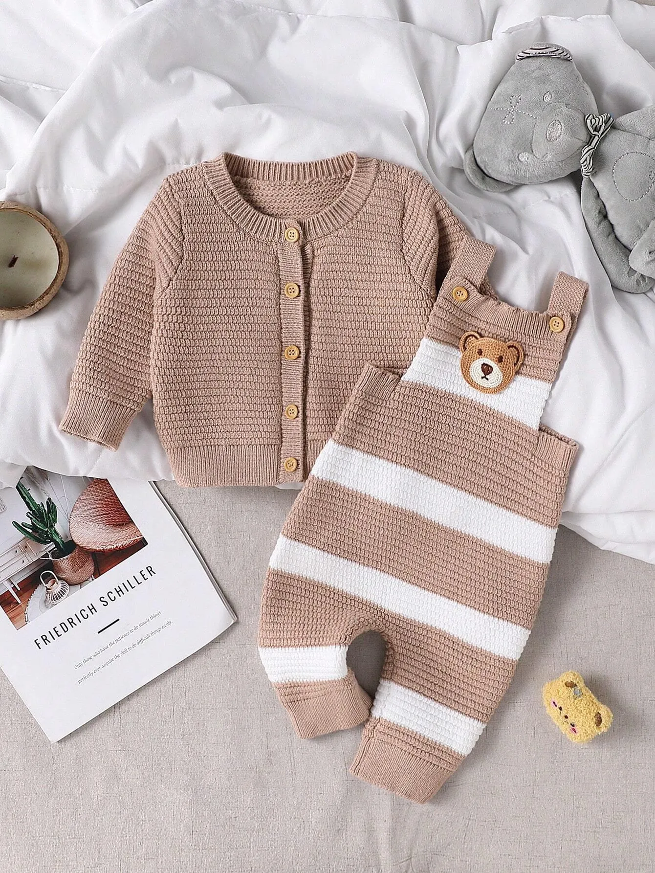 Baby Boy Casual Daily Fashion Cute All-Match Cardigan And Contrast Color Sweater Bib Pants Sweater Set, Autumn/Winter-FD
