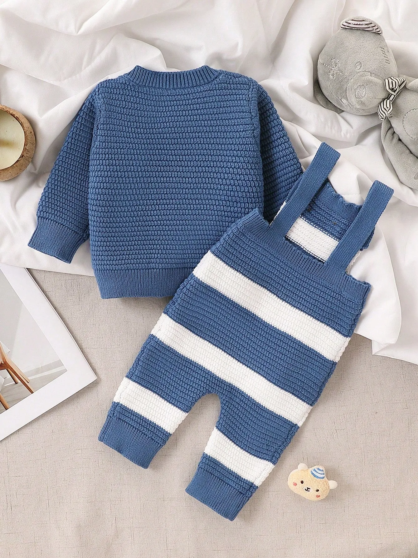Baby Boy Casual Daily Fashion Cute All-Match Cardigan And Contrast Color Sweater Bib Pants Sweater Set, Autumn/Winter-FD