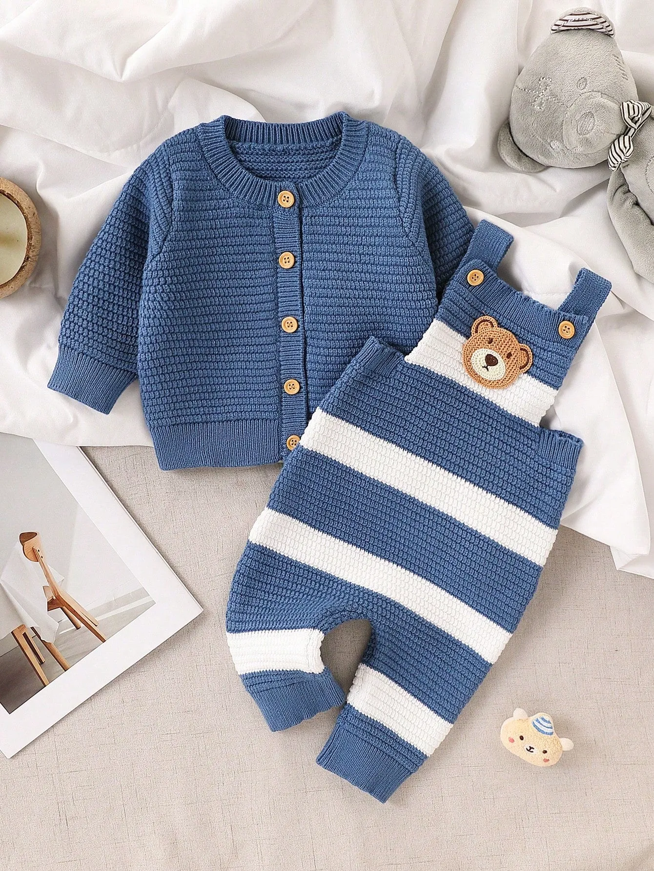 Baby Boy Casual Daily Fashion Cute All-Match Cardigan And Contrast Color Sweater Bib Pants Sweater Set, Autumn/Winter-FD