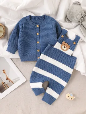 Baby Boy Casual Daily Fashion Cute All-Match Cardigan And Contrast Color Sweater Bib Pants Sweater Set, Autumn/Winter-FD