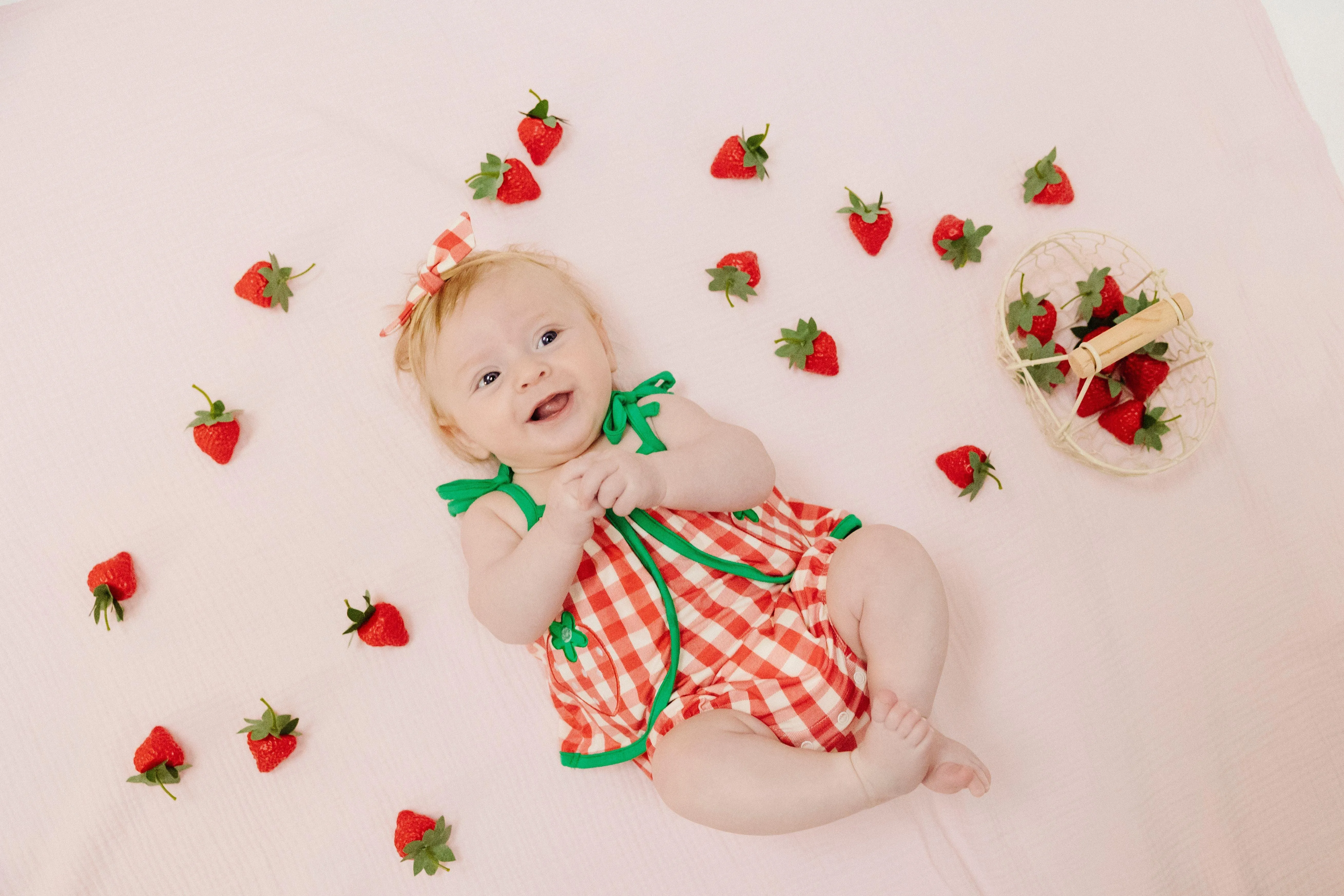 Baby Girl Jumpsuits and Rompers |Mini Gingham Swing Front Sunsuit - Strawberry | Angel Dear
