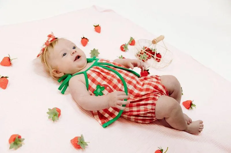 Baby Girl Jumpsuits and Rompers |Mini Gingham Swing Front Sunsuit - Strawberry | Angel Dear