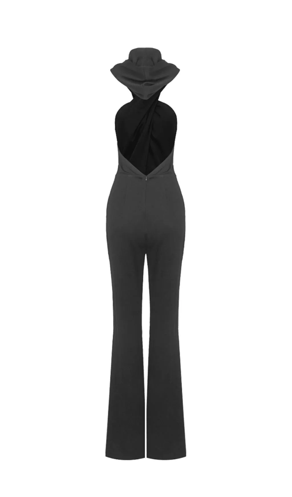 BLACK BACKLESS HOODED JUMPSUIT WITH SLIP POCKETS