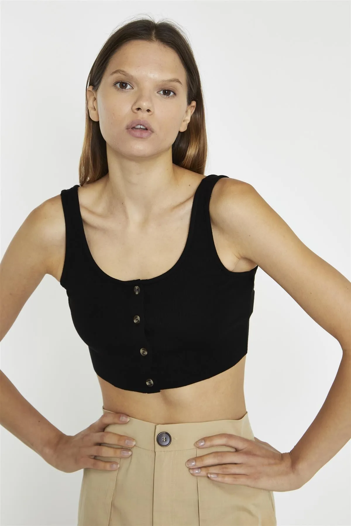 Black Button-Front Crop-Top