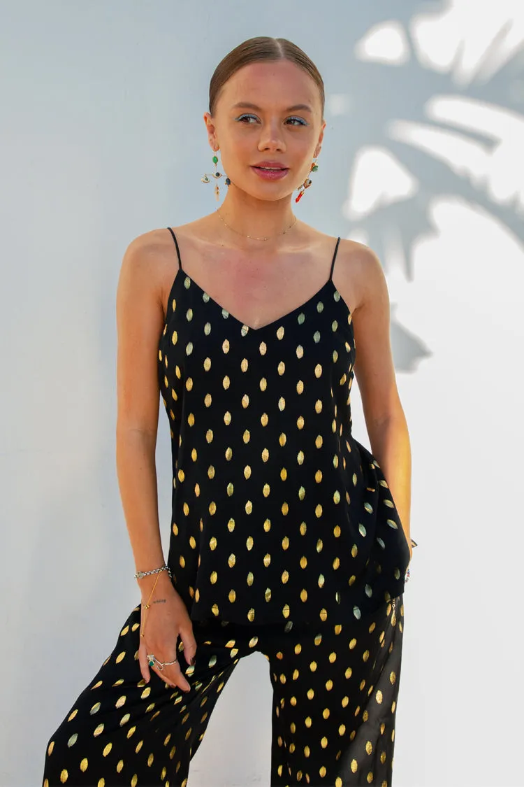 Black Tie Front Cami with Gold fleck