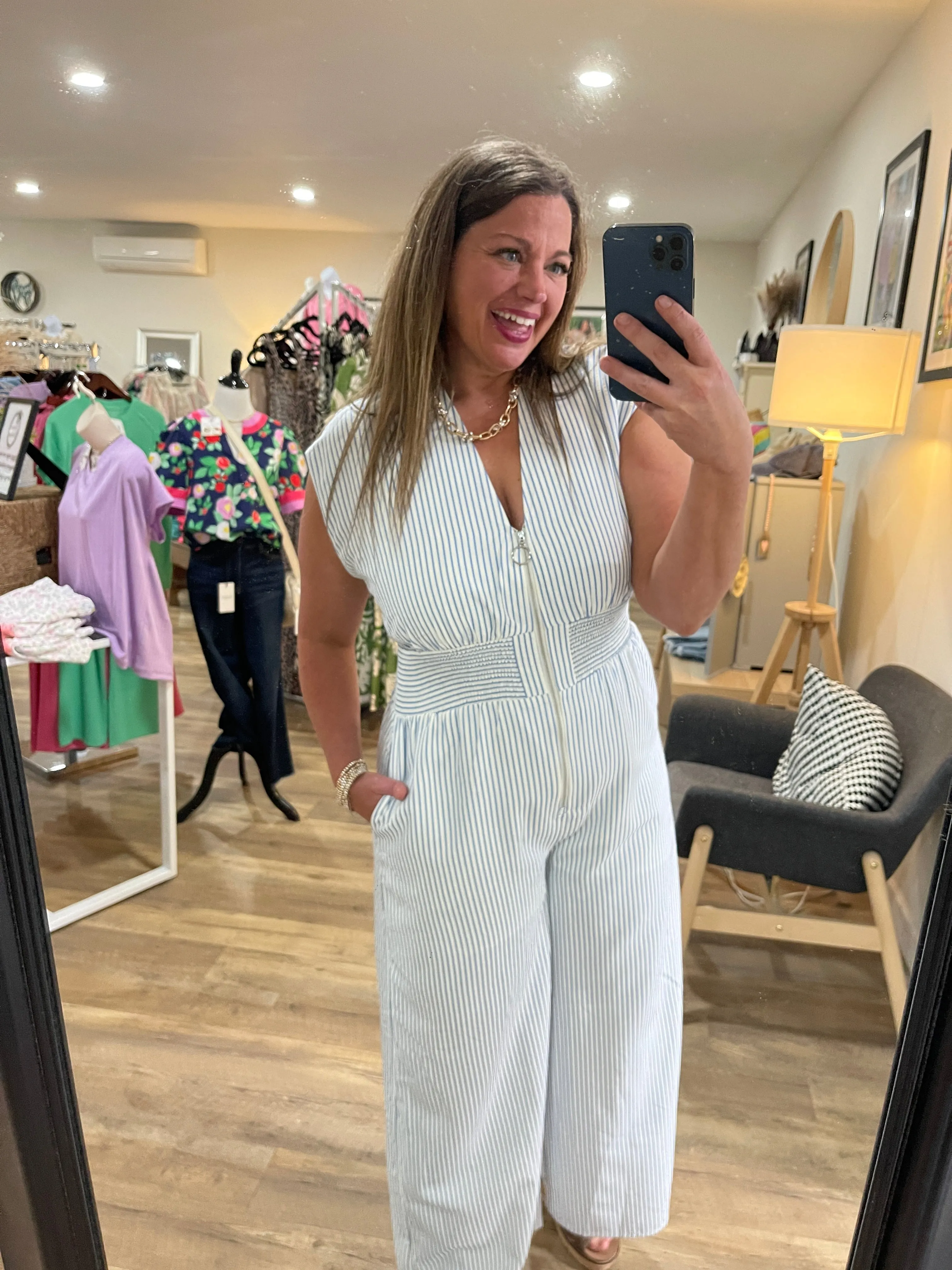 BLUE/WHITE PINSTRIPE ZIPPER JUMPSUIT