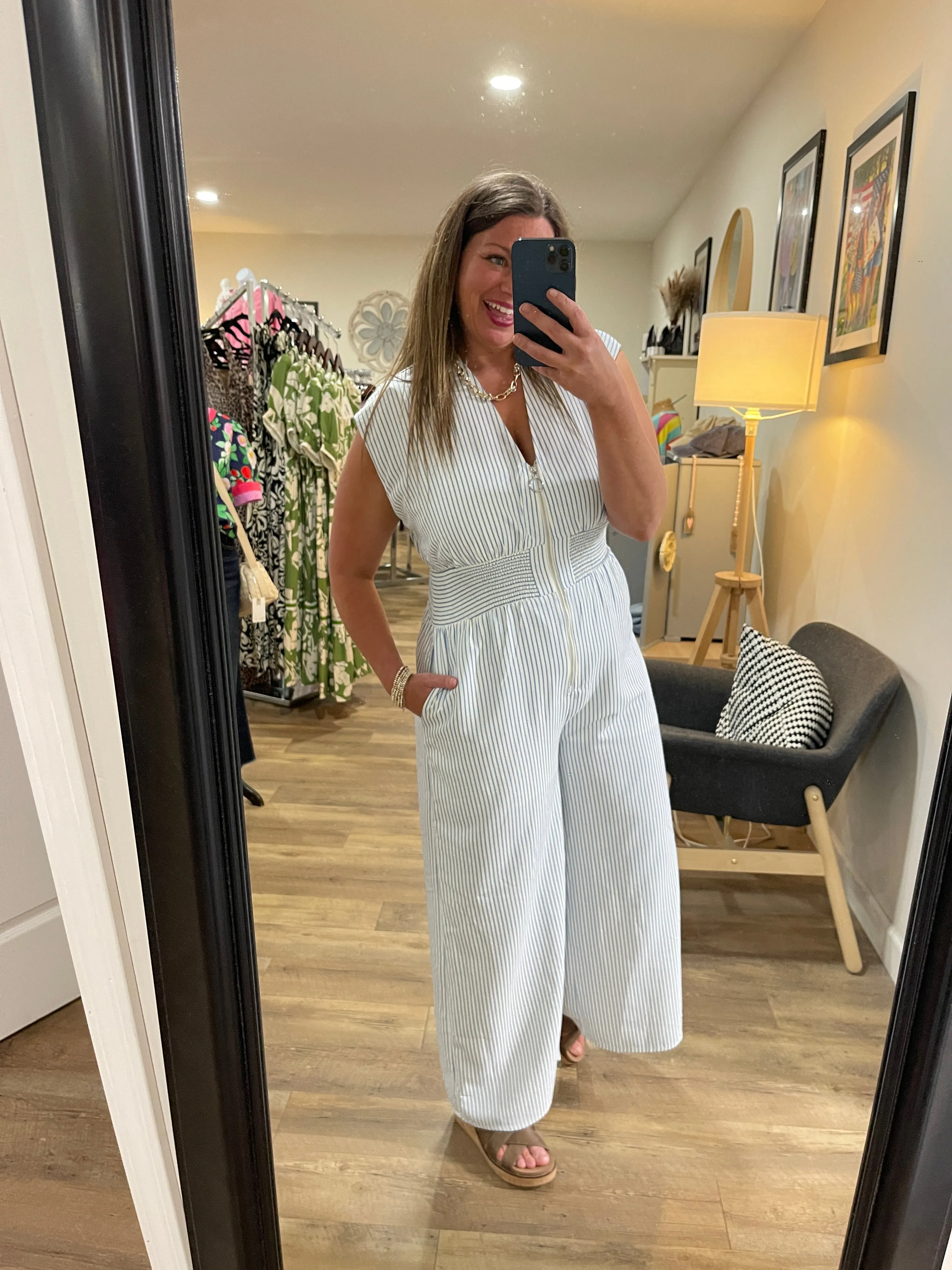 BLUE/WHITE PINSTRIPE ZIPPER JUMPSUIT