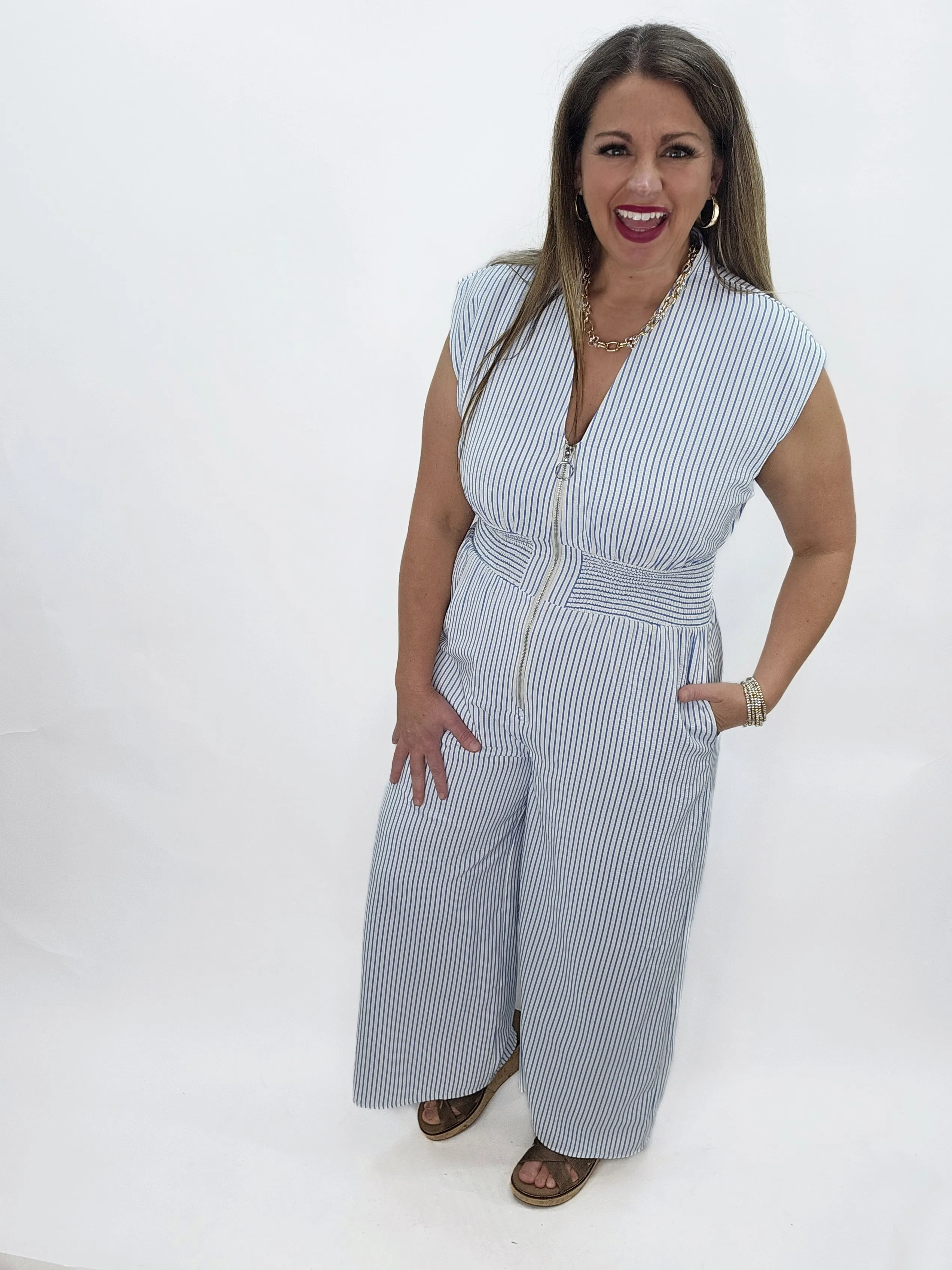 BLUE/WHITE PINSTRIPE ZIPPER JUMPSUIT