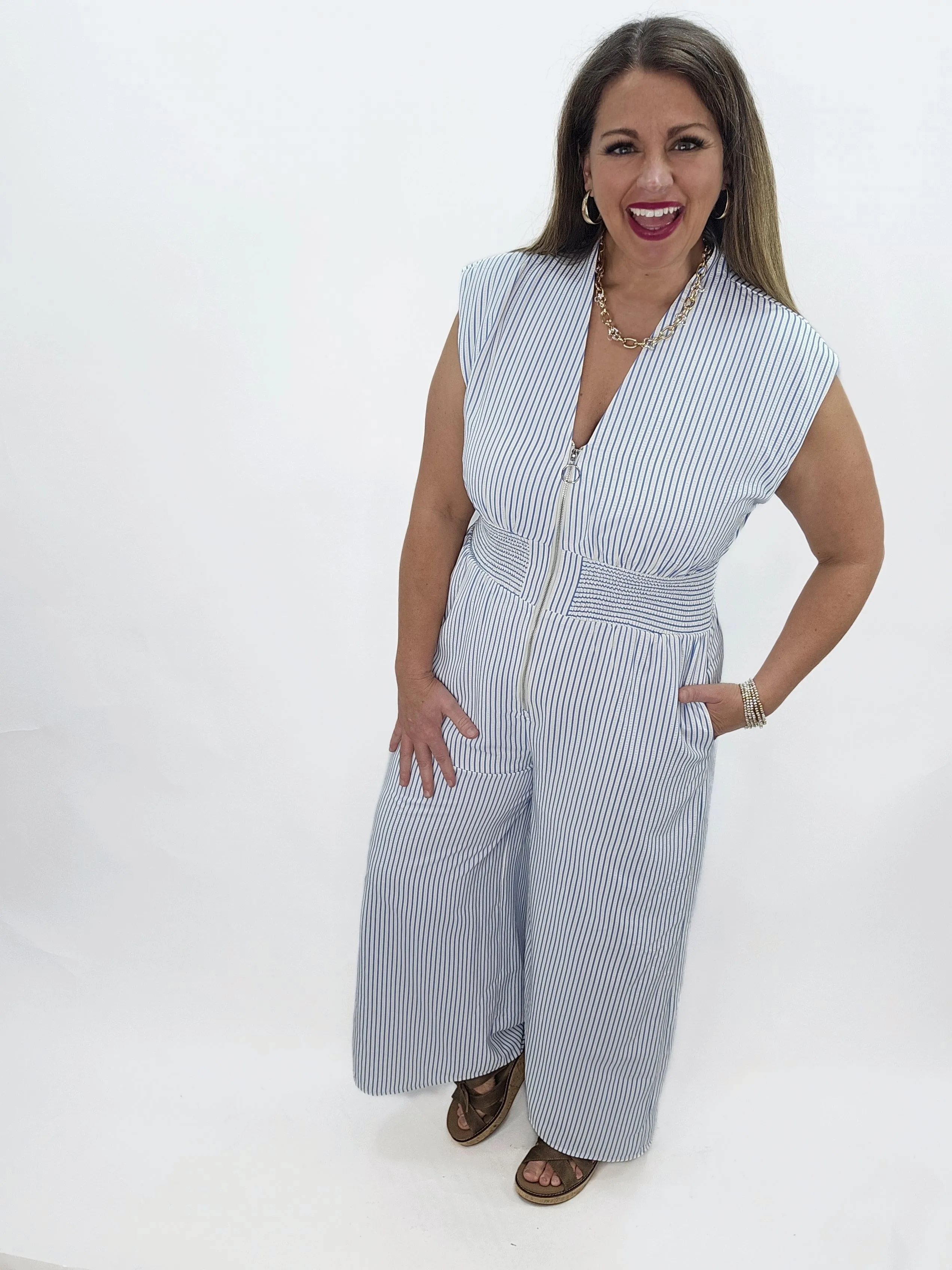 BLUE/WHITE PINSTRIPE ZIPPER JUMPSUIT