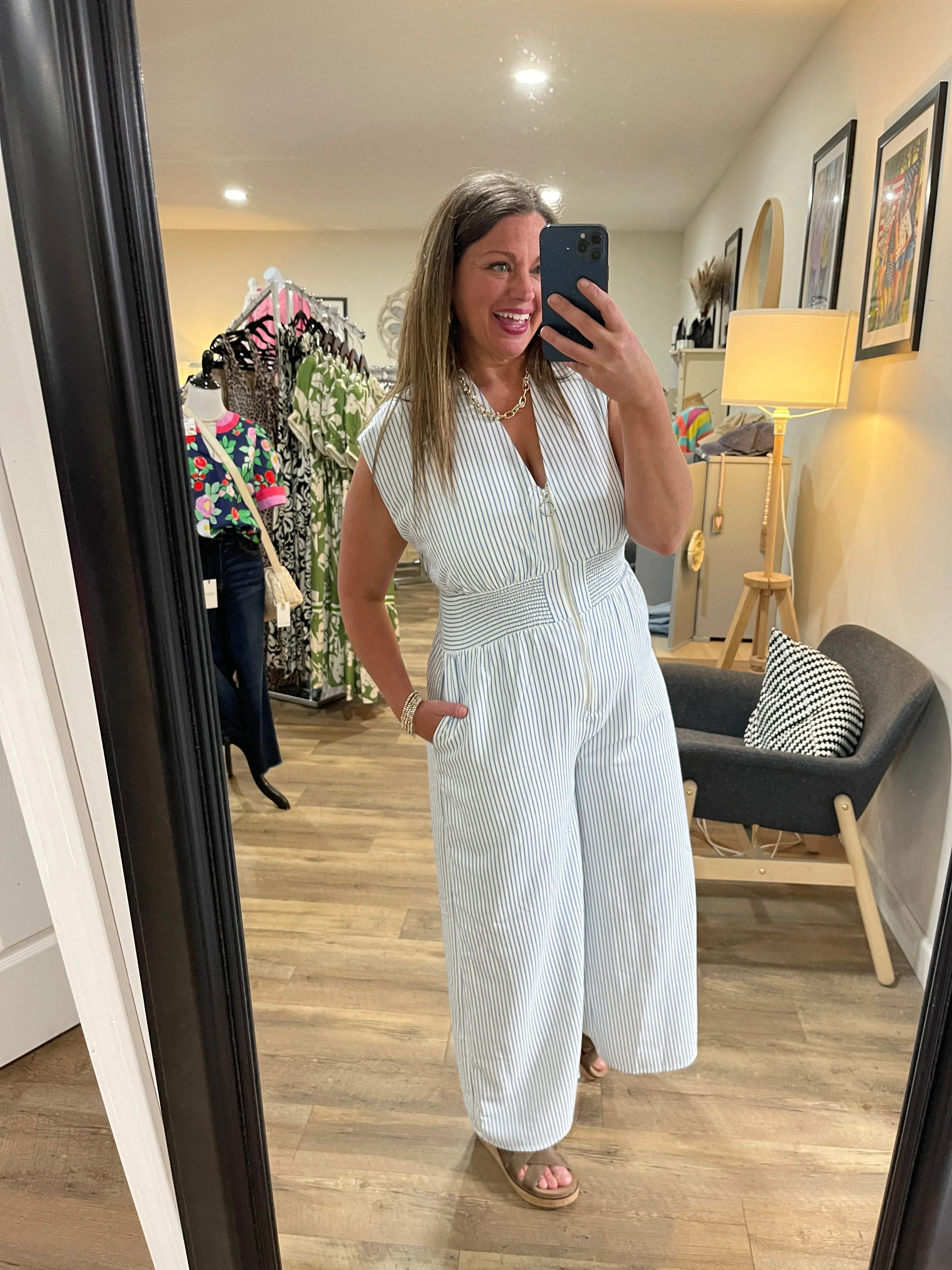 BLUE/WHITE PINSTRIPE ZIPPER JUMPSUIT