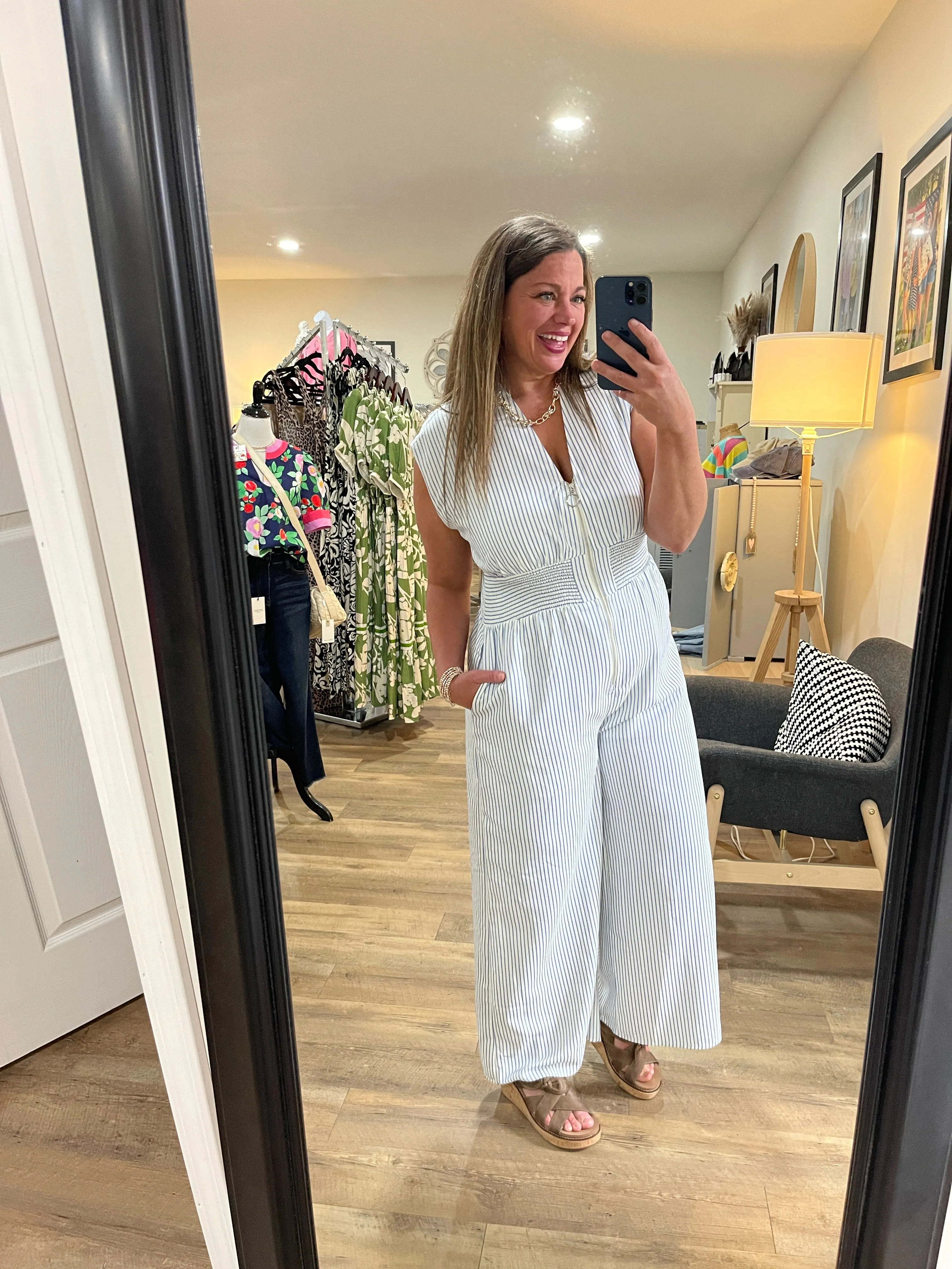 BLUE/WHITE PINSTRIPE ZIPPER JUMPSUIT
