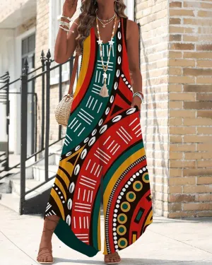 Bohemian Tribal Totem V Neck Wide Leg Overall Pockets Jumpsuits