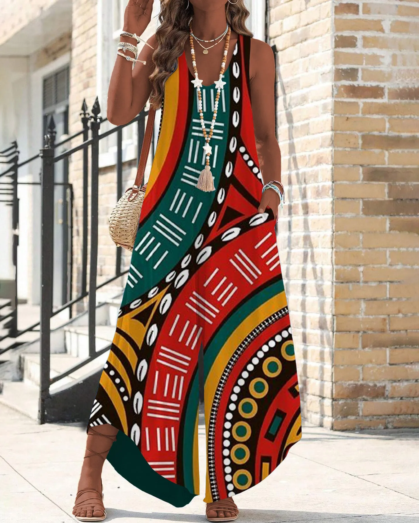 Bohemian Tribal Totem V Neck Wide Leg Overall Pockets Jumpsuits