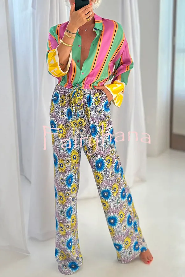 Boho Chic Look Unique Print Elastic Waist Pocketed Loose Shirt Jumpsuit