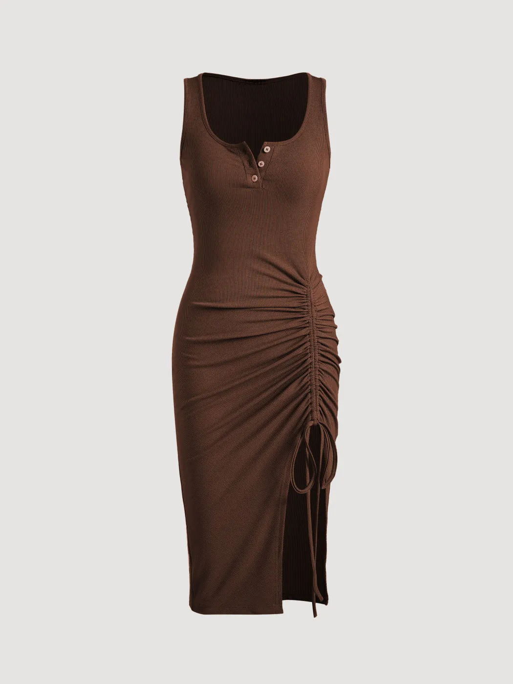Brown Rib Dress With Side Ruched Slit