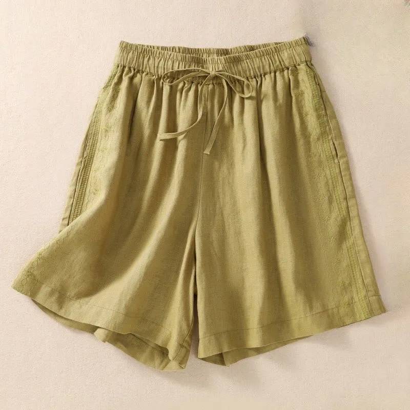 Buddha Stones Casual Floral Embroidery Pattern Drawstring Cotton Linen Women's Shorts With Pockets