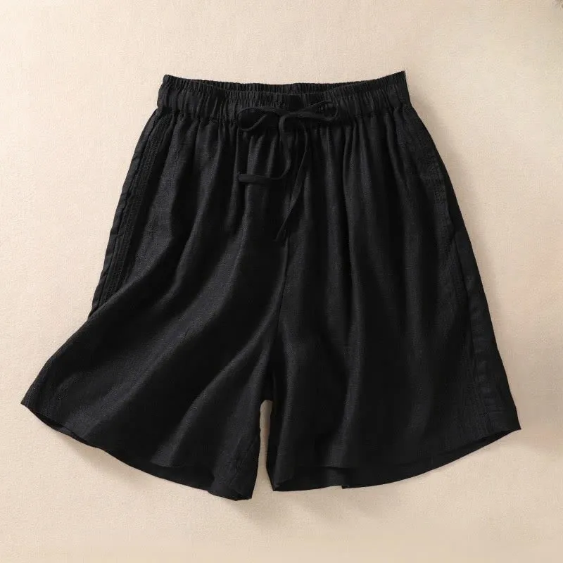 Buddha Stones Casual Floral Embroidery Pattern Drawstring Cotton Linen Women's Shorts With Pockets