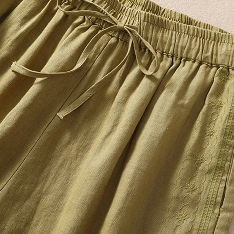 Buddha Stones Casual Floral Embroidery Pattern Drawstring Cotton Linen Women's Shorts With Pockets