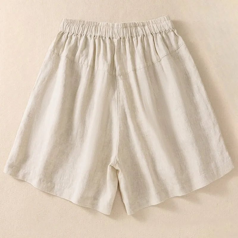 Buddha Stones Casual Floral Embroidery Pattern Drawstring Cotton Linen Women's Shorts With Pockets