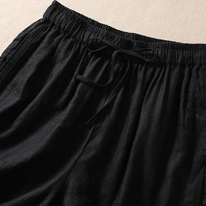 Buddha Stones Casual Floral Embroidery Pattern Drawstring Cotton Linen Women's Shorts With Pockets