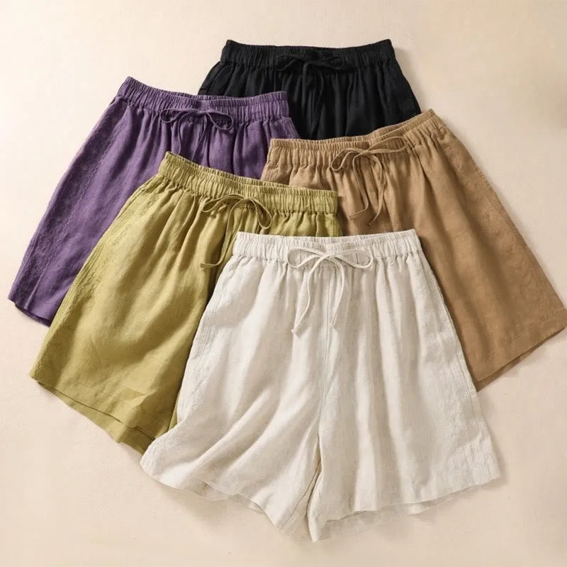 Buddha Stones Casual Floral Embroidery Pattern Drawstring Cotton Linen Women's Shorts With Pockets