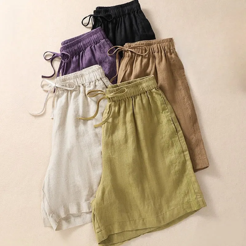 Buddha Stones Casual Floral Embroidery Pattern Drawstring Cotton Linen Women's Shorts With Pockets