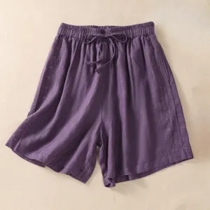 Buddha Stones Casual Floral Embroidery Pattern Drawstring Cotton Linen Women's Shorts With Pockets