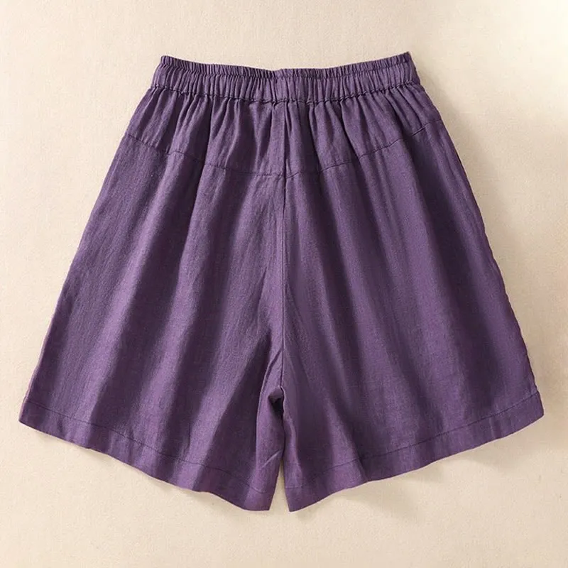 Buddha Stones Casual Floral Embroidery Pattern Drawstring Cotton Linen Women's Shorts With Pockets