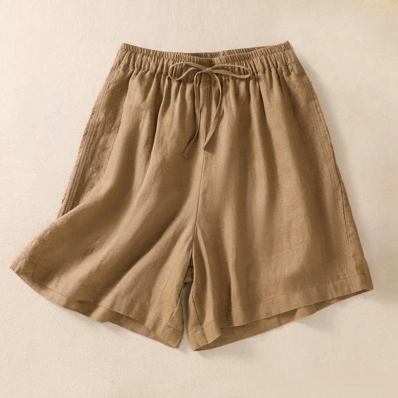 Buddha Stones Casual Floral Embroidery Pattern Drawstring Cotton Linen Women's Shorts With Pockets