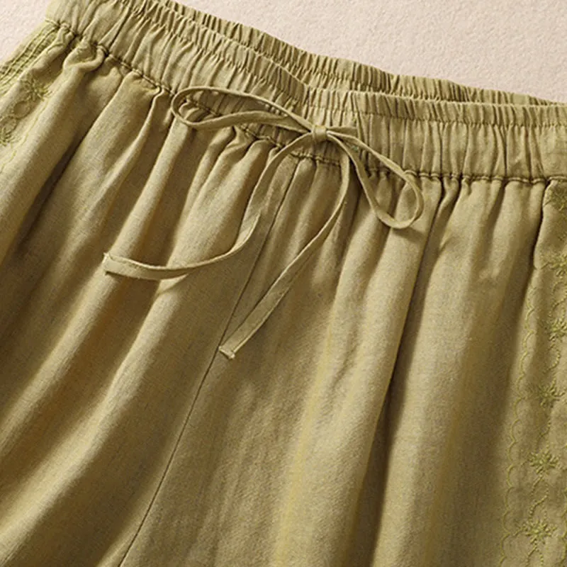 Buddha Stones Casual Floral Embroidery Pattern Drawstring Cotton Linen Women's Shorts With Pockets