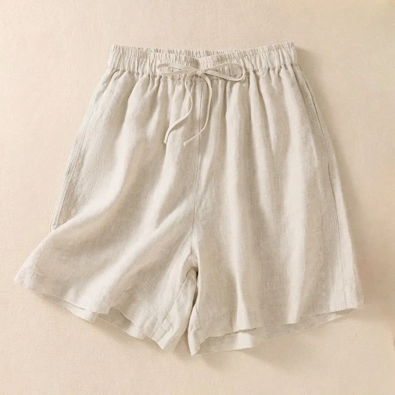 Buddha Stones Casual Floral Embroidery Pattern Drawstring Cotton Linen Women's Shorts With Pockets