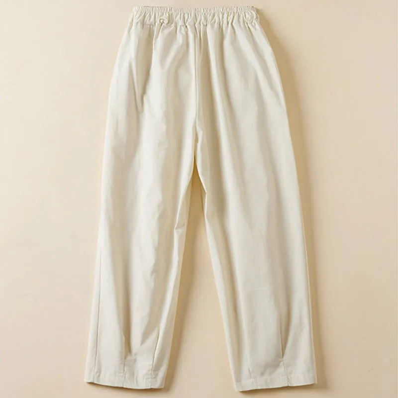 Buddha Stones Casual Plain Frog-Button 7-8 Length Cropped Pants Women's Cotton Linen Harem Pants With Pockets