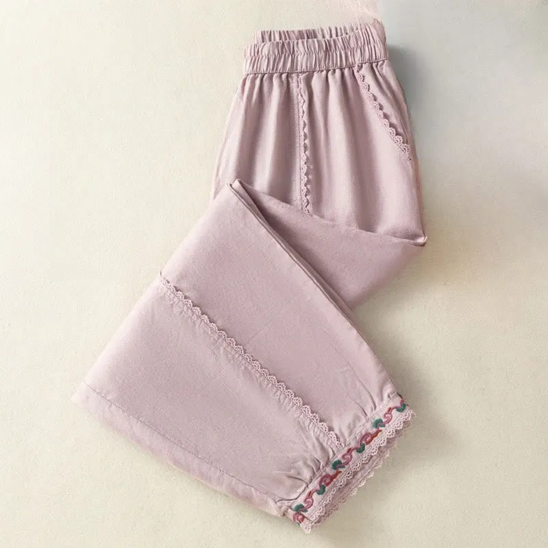 Buddha Stones Casual Plain Lace Side Design 7-8 Length Cotton Linen Women's Harem Pants With Pockets