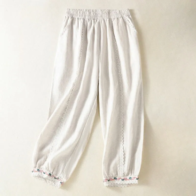 Buddha Stones Casual Plain Lace Side Design 7-8 Length Cotton Linen Women's Harem Pants With Pockets
