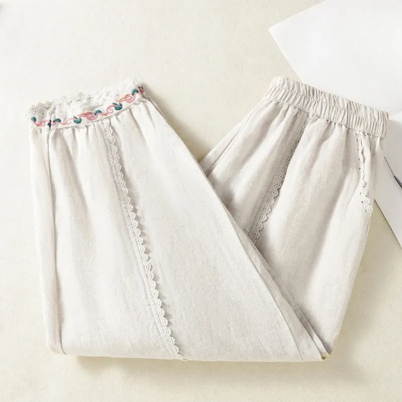 Buddha Stones Casual Plain Lace Side Design 7-8 Length Cotton Linen Women's Harem Pants With Pockets
