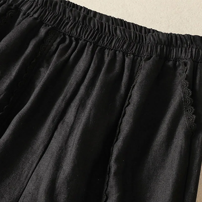 Buddha Stones Casual Plain Lace Side Design 7-8 Length Cotton Linen Women's Harem Pants With Pockets