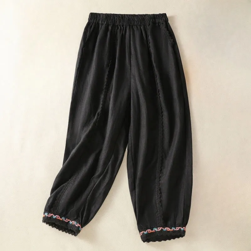 Buddha Stones Casual Plain Lace Side Design 7-8 Length Cotton Linen Women's Harem Pants With Pockets