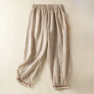 Buddha Stones Casual Plain Lace Side Design 7-8 Length Cotton Linen Women's Harem Pants With Pockets