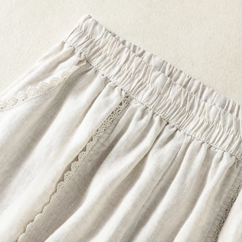 Buddha Stones Casual Plain Lace Side Design 7-8 Length Cotton Linen Women's Harem Pants With Pockets