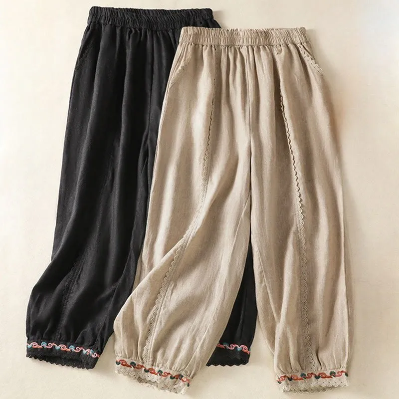 Buddha Stones Casual Plain Lace Side Design 7-8 Length Cotton Linen Women's Harem Pants With Pockets