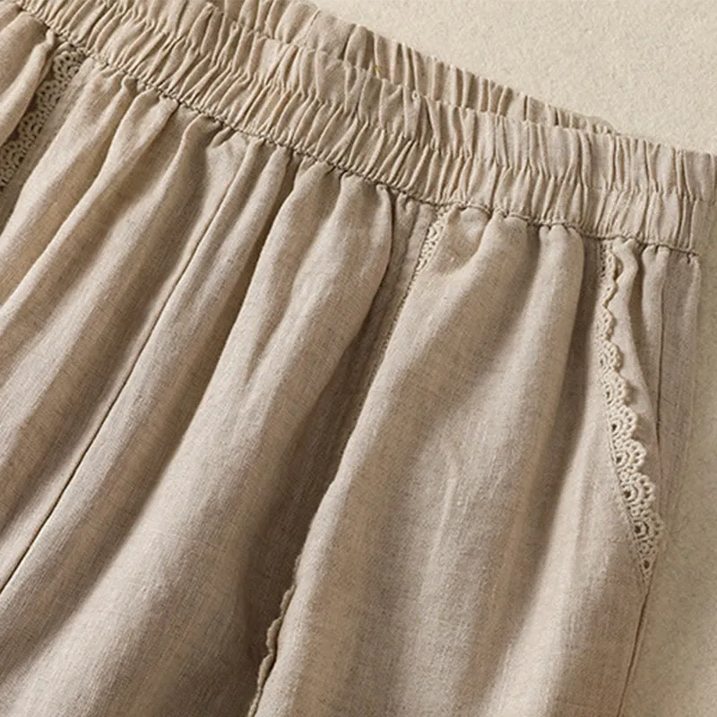 Buddha Stones Casual Plain Lace Side Design 7-8 Length Cotton Linen Women's Harem Pants With Pockets